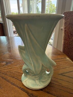 Vintage McCoy Pottery 8” Matte Aqua Art Deco Leaf Vase – Marked McCoy